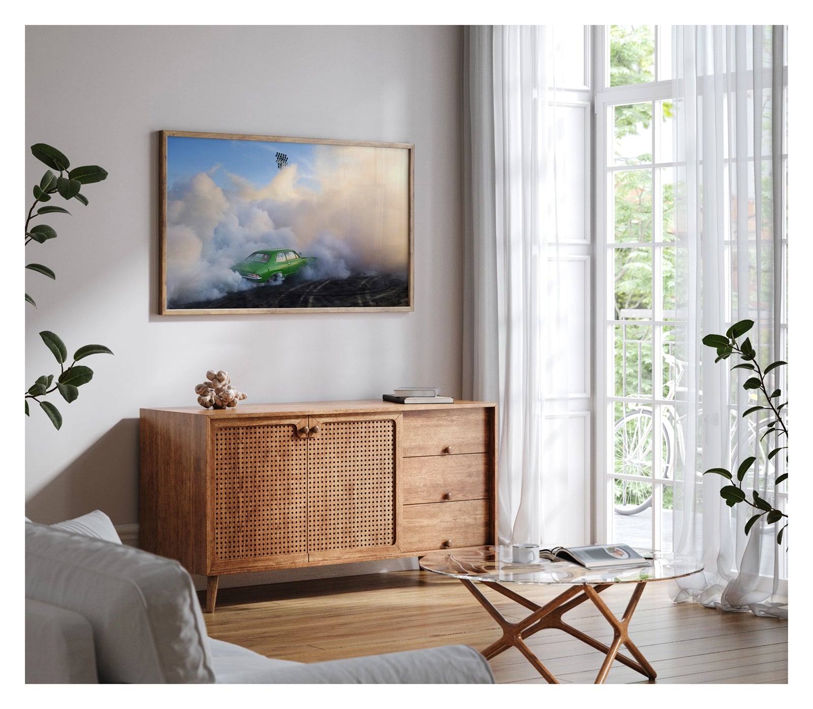 Framed in timber, hanging in living space. We see a green Holden LJ Torana sedan performing a burnout, slightly engulfed against a towering wall of white and golden tyre smoke that billows up toward a deep blue sky. Stadium flood lights pierce the haze above as the smoke catches the warm evening light, the bright green body of the car vivid against the swirling white cloud and the rubber marked black bitumen below. Fine art colour photographic print by Simon Davidson.