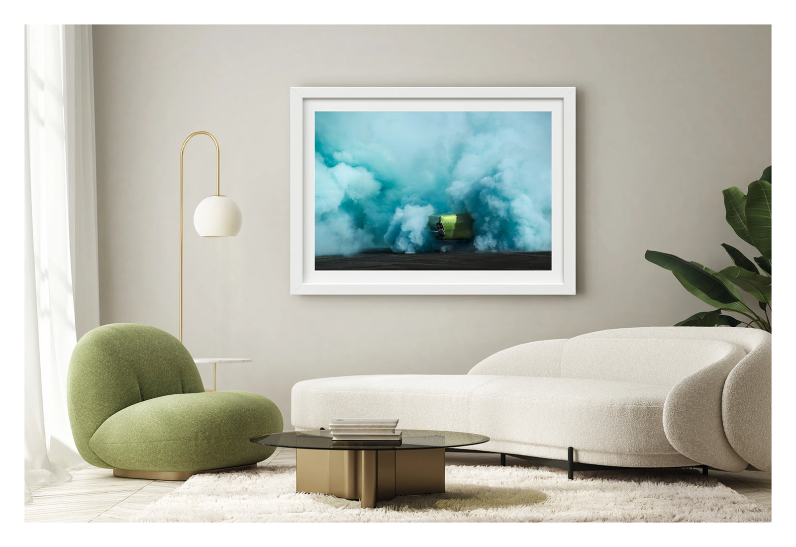Framed in white with a white border. The rear of metallic green Valiant Regal is almost completely consumed by a vast billowing cloud of vivid teal tyre smoke during a burnout. The electric contrast of the bright green body against the churning aqua smoke creates a striking abstract quality, the car appearing to float above the scorched black bitumen below. Framed print shown in a contemporary room. Fine art colour photographic print by Simon Davidson.