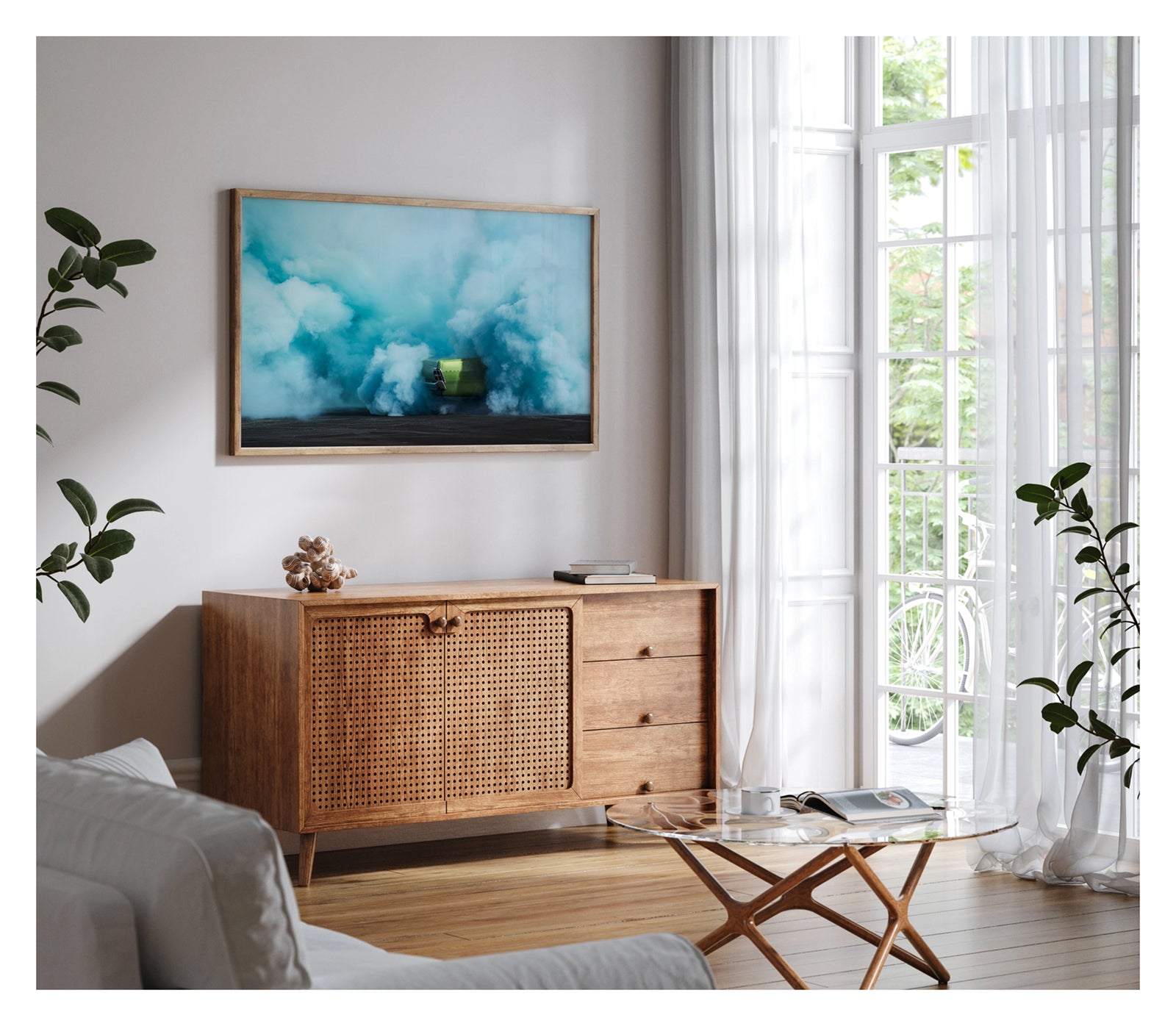 Framed in timber. The rear of metallic green Valiant Regal is almost completely consumed by a vast billowing cloud of vivid teal tyre smoke during a burnout. The electric contrast of the bright green body against the churning aqua smoke creates a striking abstract quality, the car appearing to float above the scorched black bitumen below. Framed print shown in a contemporary room. Fine art colour photographic print by Simon Davidson.