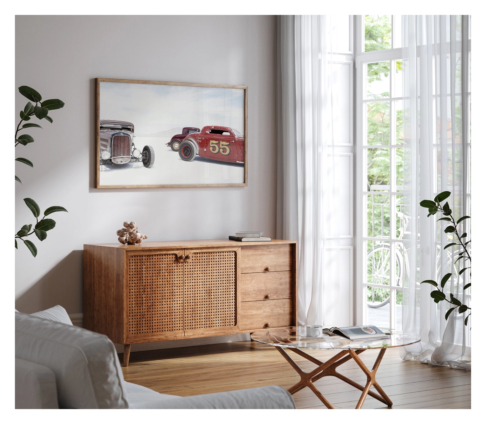 Framed in a timber in a contemporary space. Two salt encrusted Rolling Bones hot rods sit on the blinding white surface of the Bonneville Salt Flats, their weathered bodies dusted with salt crystal residue. with a third maroon coupe visible between them in the middle distance. A pale mountain range dissolves into the white horizon behind them. Fine art colour photographic print by Simon Davidson.