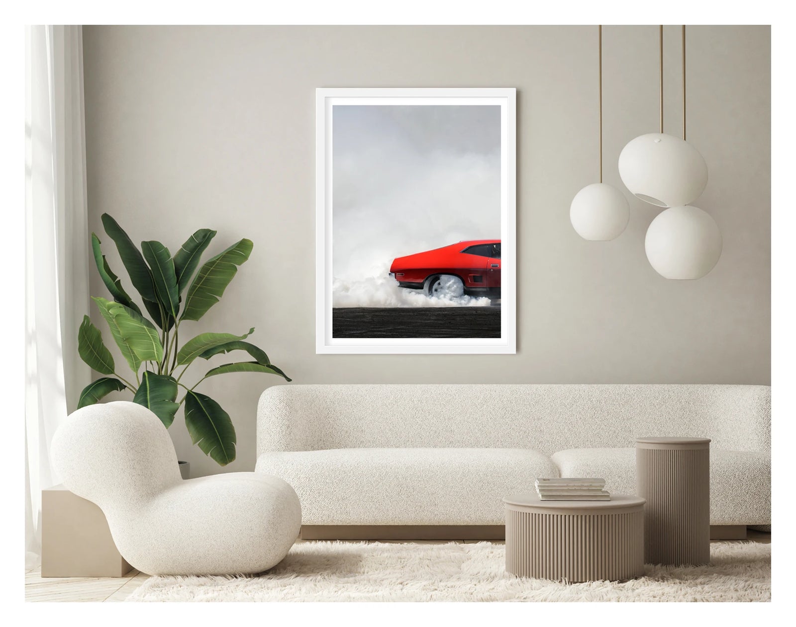 Framed in white in a portrait orientation. A red Ford Falcon XB coupe performs a burnout, shown is the back half of the car with dense white tyre smoke pouring from the rear wheels and engulfing the lower half of the car against a white smoke filled sky. The bold red bodywork and fastback roofline sit in sharp contrast to the billowing white smoke rolling across the scorched black bitumen below. Shown in a contemporary room. Fine art colour photographic print by Simon Davidson.