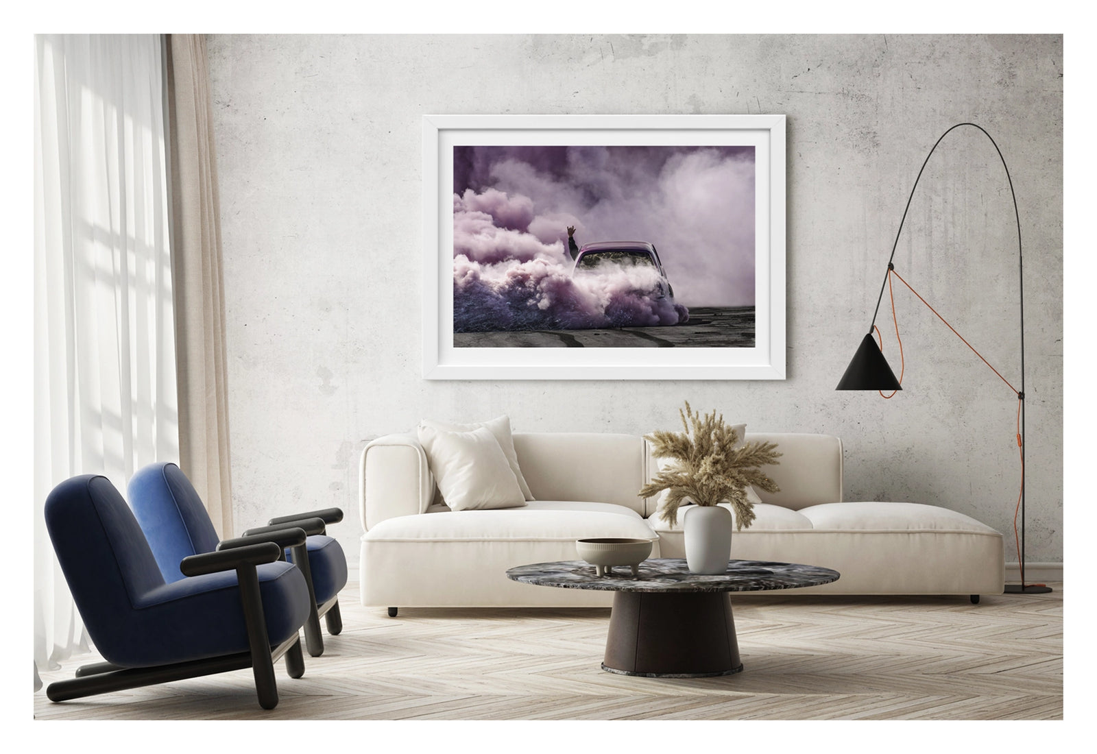 Framed in white, shown in a contemporary living space we see a purple Torana as it slides through the scene, rear to camera, is all but consumed by a vast billowing cloud of vivid purple smoke, with a passenger's arm thrust through the window throwing devil horns above the roofline as the only sign of human life within the haze. Fine art colour photographic print by Simon Davidson.