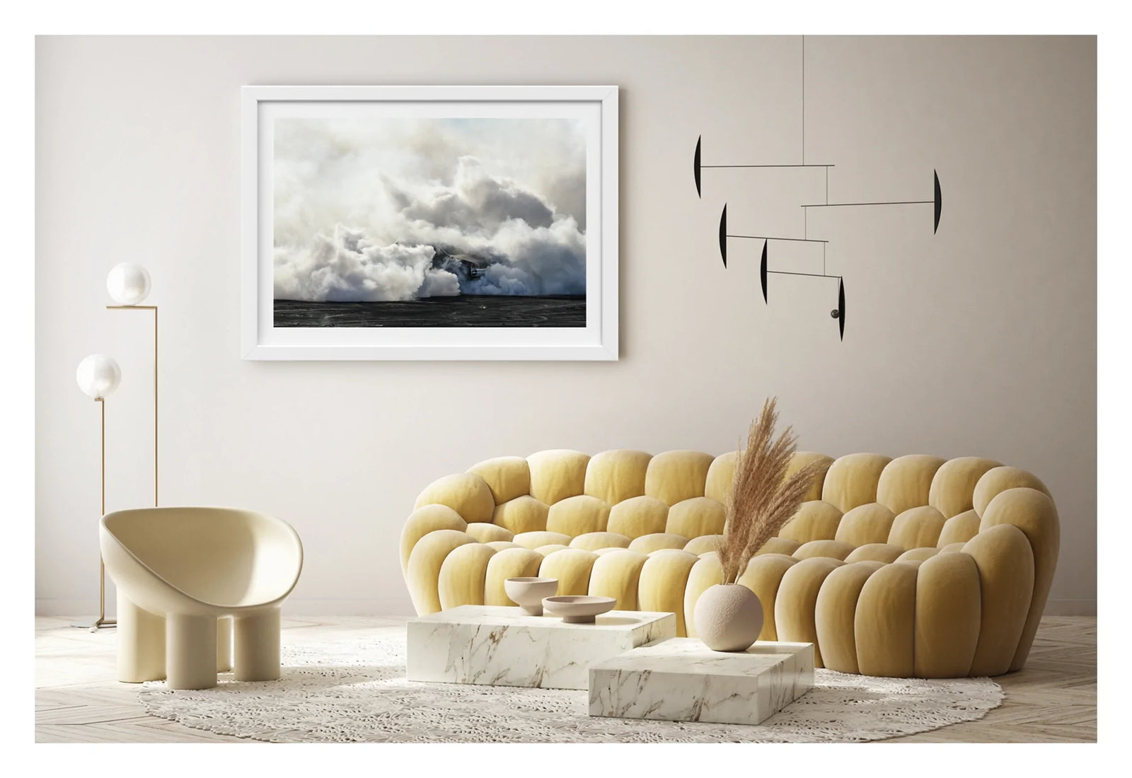 Framed in white, displayed in a contemporary living space. We see rear of a black Holden GTS sedan is almost entirely swallowed by a towering cloud of white tyre smoke during a burnout, with only the red tail light and rear chrome bumper visible through the billowing haze. The smoke builds into a massive marshmallow like formation that fills the frame from the black bitumen covered in burnout detritus to the pale sky above, dwarfing the car beneath it. Fine art colour photographic print by Simon Davidson.
