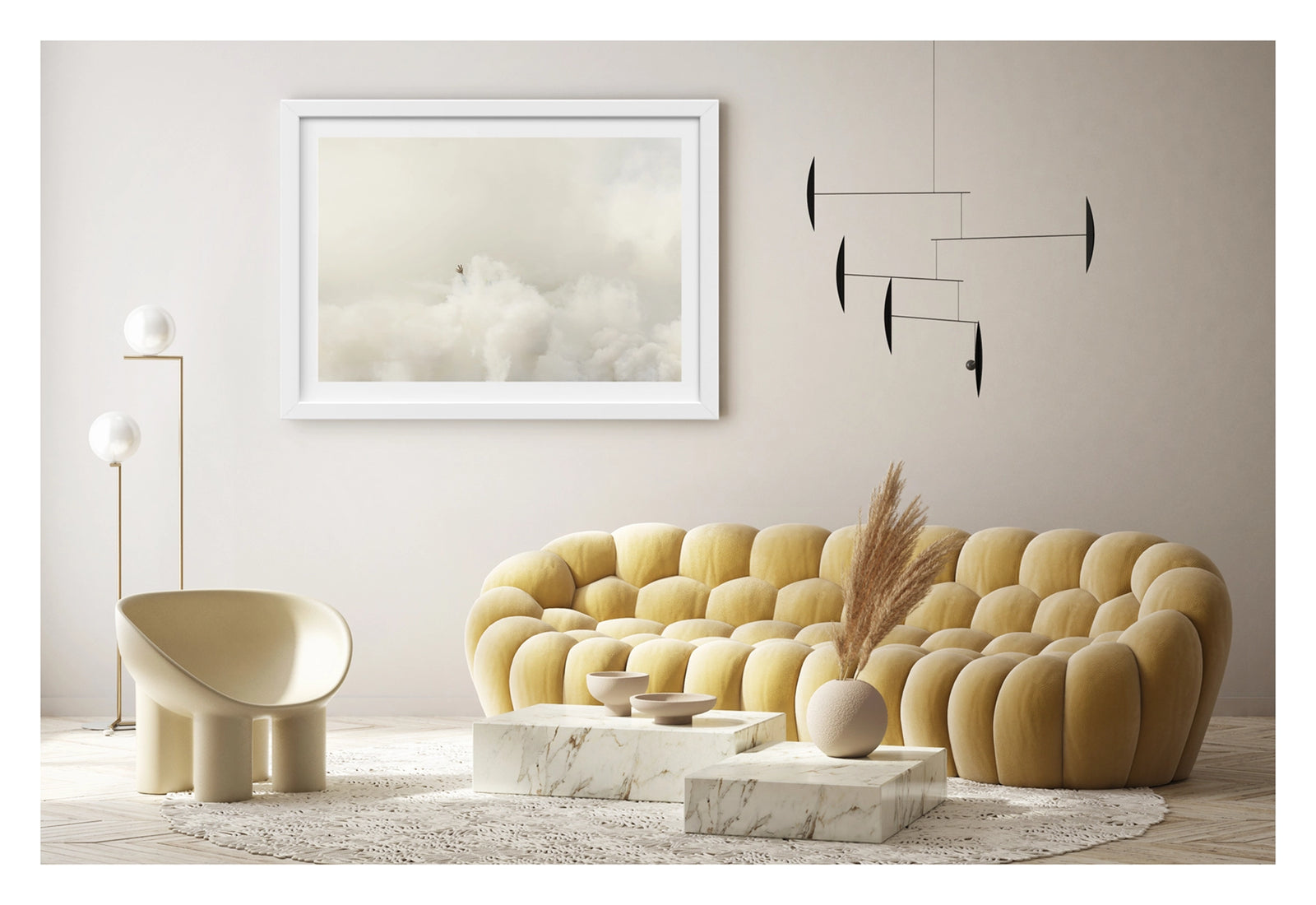 Framed in white, shown in a contemporary living space. A single human hand reaches up from a vast rolling sea of white tyre smoke, fingers splayed open against a pale hazy sky, the rest of the body completely swallowed by the billowing cloud below. The minimalist composition and vast expanse of white smoke give the image an almost surreal, painterly quality. Fine art colour photographic print by Simon Davidson.
